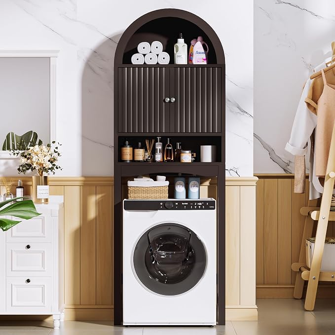 Spurgehom Arch Over The Toilet Storage Cabinet, Bathroom Organizer (Coffee) | Freestanding Bathroom Shelf Equipped with Anti-Tipping Device, Space-Saving Vertical Toiletries Storage Cabinet