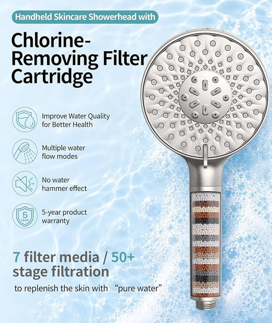 SR SUN RISE Filtered Shower Head with Handheld High Pressure 9 Spray Mode Showerhead Detachable Shower Head Water Softener Filters Beads for Hard Water Remove Chlorine 4 Filters Brushed Nickel