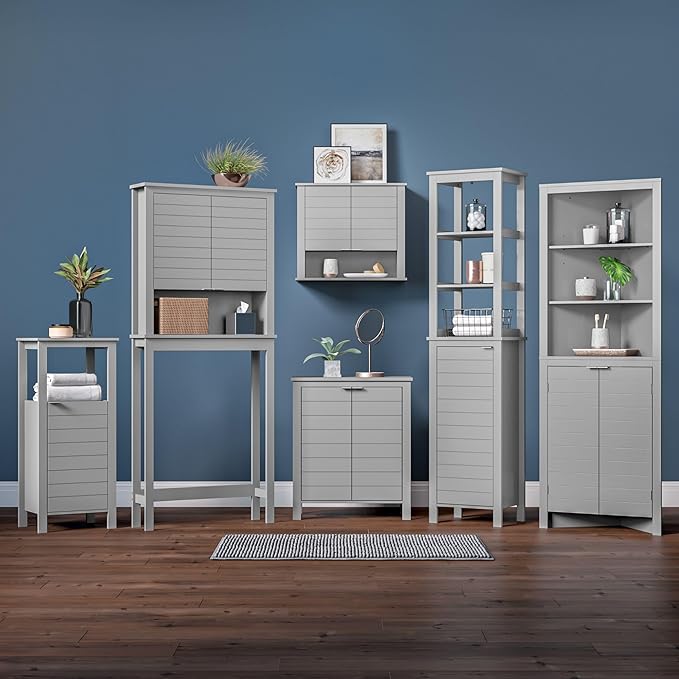 RiverRidge Madison Two-Door Over The Toilet Storage Cabinet Gray Wall Mounted Medicine Cabinet with Adjustable Shelves, Modern Flat Handles & Horizontal Grooved Aesthetic