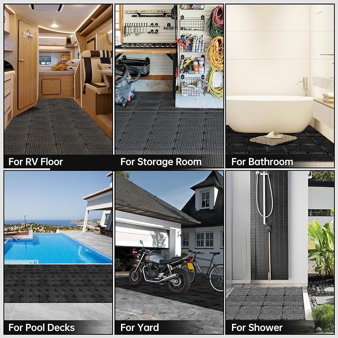 RITOLLO Modular Interlocking Cushion Drainage Floor Tiles, 9-Pack 11.8"x11.8" PVC Raised Non-Slip Interlocking Mats with Drain Holes for Deck, Pool, Garage, Shower, Patio, Bathroom, Sauna, Yard