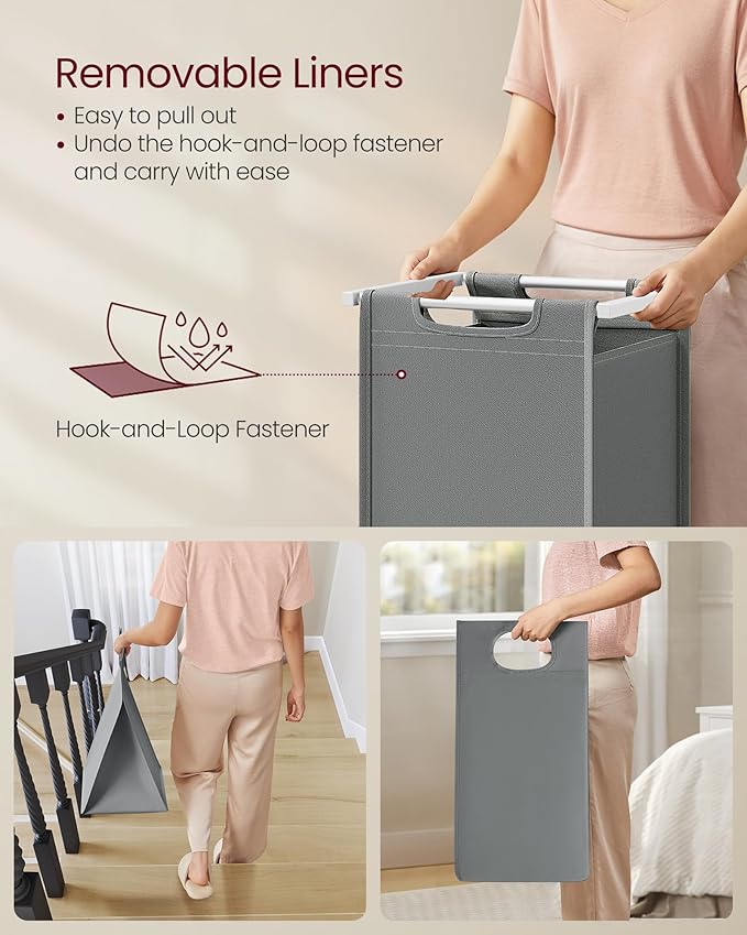 VASAGLE Laundry Hamper, Laundry Basket, Laundry Sorter with 2 Pull-Out and Removable Bags, Shelf, Metal Frame, 2 x 12.1 Gallons (46 L), 28.8 x 13 x 28.4 Inches, Slate Gray and Cloud White UBLH201W11