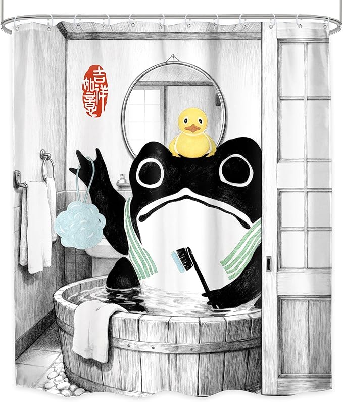 LGhtyro Funny Frog Shower Curtain Bathroom Set 60Wx71H Inches Traditional Asian Style Japanese Art Rubber Duck Wooden Cute Animal Bath Accessories Retro Black Art Home Decor Fabric 12 Pack Hooks