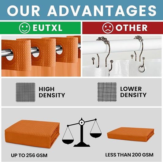 Heavyweight Waffle No Hook Shower Curtain with Liner, Burnt Orange, 71x74 | Snap in Liner, 256GSM, Thick, Hotel Luxury Spa, Waterproof Fabric, Corner Magnets, 3 in 1 Set, Washable, Hang in Seconds