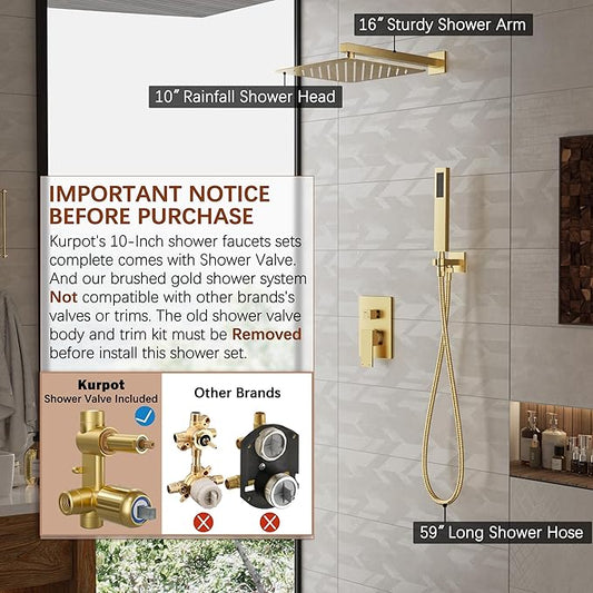 Kurpot Gold Shower System, 10'' Square Rainfall Shower Head with Handheld Combo Spray, Bathroom Brushed Gold Shower Faucet Set with Valve, 59'' Shower Hose, Shower Trim Kit and Diverter, Wall Mounted