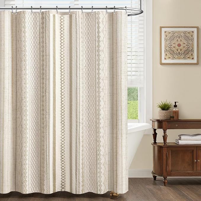 Beige Boho Linen Shower Curtain,72" W x 72" L | Linen Striped Print and Twine-Inspired Woven Center for Bathroom