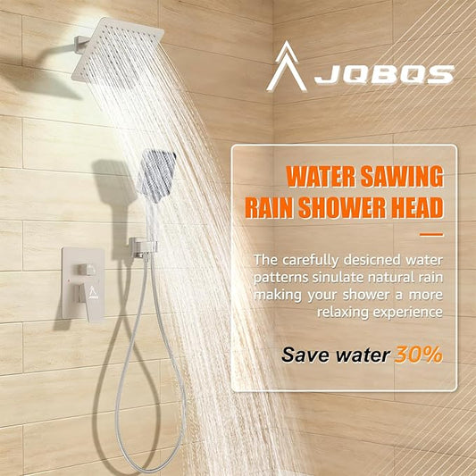 Shower System Modern Rain 8 inches Brass Faucet Set With Valve and Diverter Shower Mixer With Handheld High Pressure Square Rainfall Shower Valve (8'' Wall Mount, Brushed Nickel)