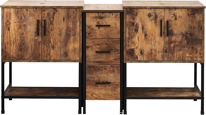 UEV Rustic Brown 60" Double Bathroom Vanity with Sink Combo,Industrial Iron Frame 2 Main Bathroom Vanity with Middle 3 Drawers Cabinet(Without Sink Combo)