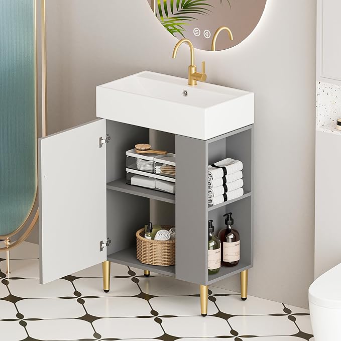 22" Small Bathroom Vanity with Sink, Morden Bathroom Vanities with Soft-Close Door and Open Shelf, Freestanding Narrow Vanity for Compact Space-Saving Bathrooms (Gray,22" Freestanding Right Shelf)