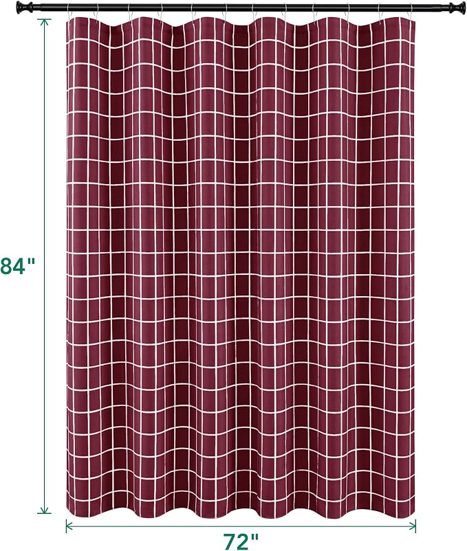 Fabric Farmhouse Shower Curtain-Cloth Extra Long Shower Curtains Bathroom | 72"Wx84"L Faux Linen Burgundy Grid Minimalist Simple Rustic Neutral Shower Curtain-Geometric Plaid Washable Hotel Quality