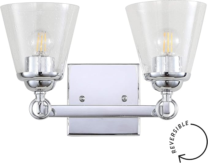 JONATHAN Y 12.75" Chrome Marion 2-Light Vanity Light Wall Sconce for Bathroom Decor, Clear Seeded Glass Shade, Reversible Hardwired Lamp for Mirror Hallway, LED Bulb (JYL7433A)