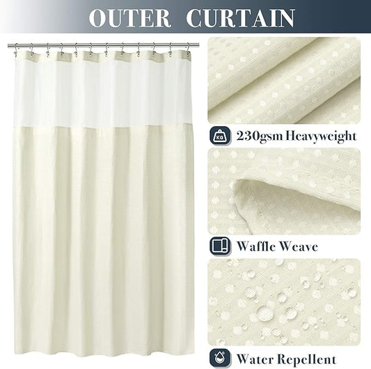 N&Y HOME Waffle Weave Shower Curtain with Snap-in Liner Set Cream, 71x72 | 12 Metal Hooks Included, Snap on/off Fabric Liner, Mesh Window, Washable, Hotel Style Cream Shower Curtain Set for Bathroom