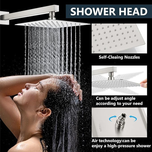 Aolemi Shower Faucet Set with Handheld Brushed Nickel 16 Inch Head | Pressure Balance Shower Valve and Trim Kit,SUS304 Rain Head and Handle System,All Metal,Wall Mount,Bathroom,Handheld Spray