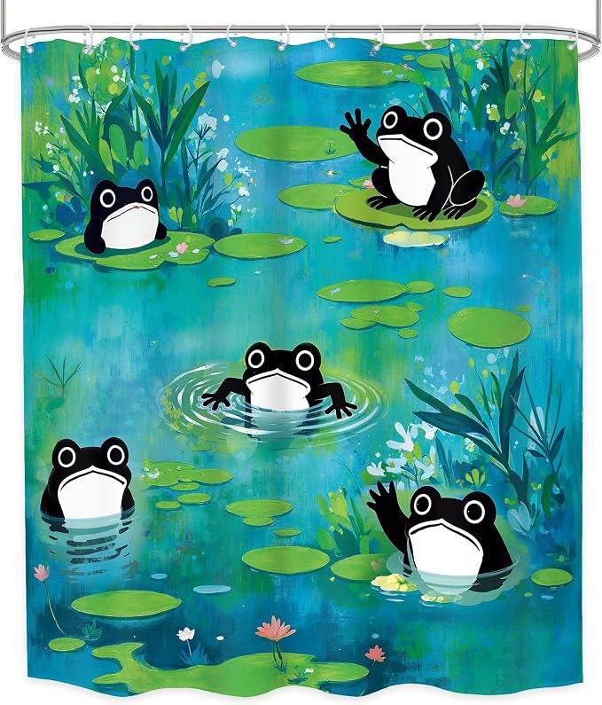 Funny Frog Cute Cartoon Animal Lotus Leaves Bathroom Shower Curtain Set | 60Wx71H Flowers Green waterproof HD print, quick-dry fabric, and 12 hooks for easy setup
