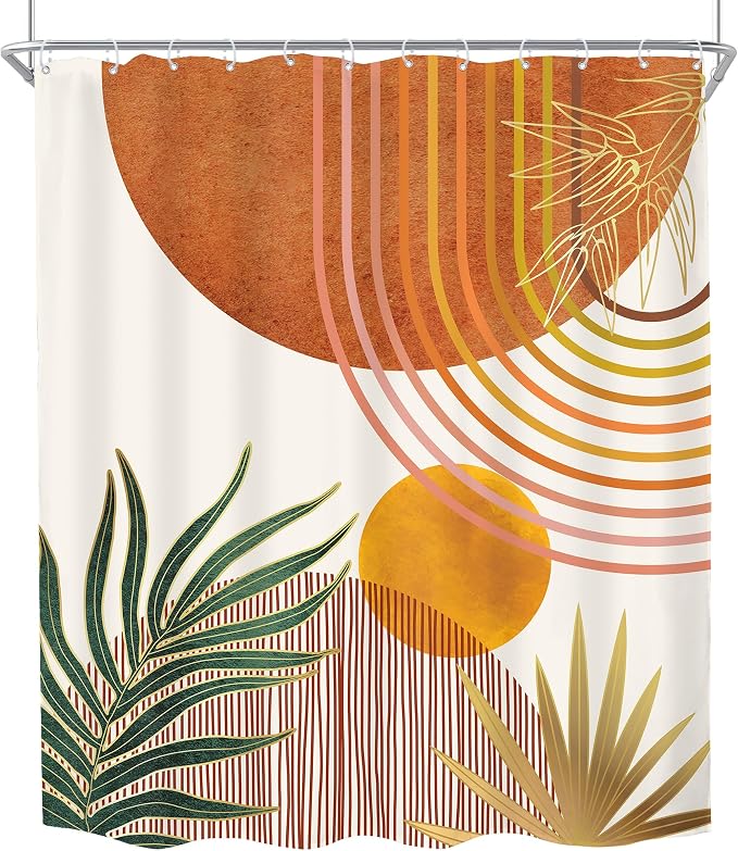 Mid Century Orange Boho Abstract Modern S Bathroom Shower Curtain Set | 60Wx72L Plant Botanical design, waterproof HD print with fast-drying fabric and 12 hooks.
