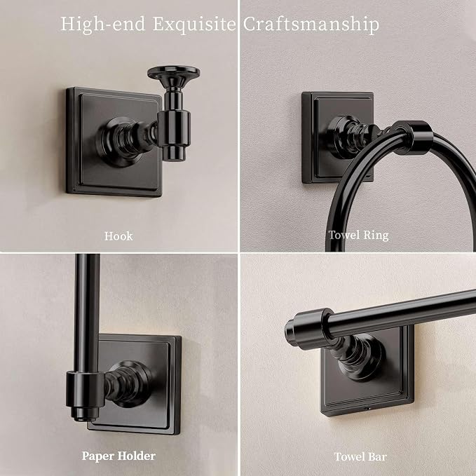 VEHCIL Matte Black Bathroom Towel Bar Set, 5 Piece Bathroom Hardware Accessory Set, SUS304 Stainless Steel 24" Towel Rack Holder Set for Bathroom, Wall Mounted