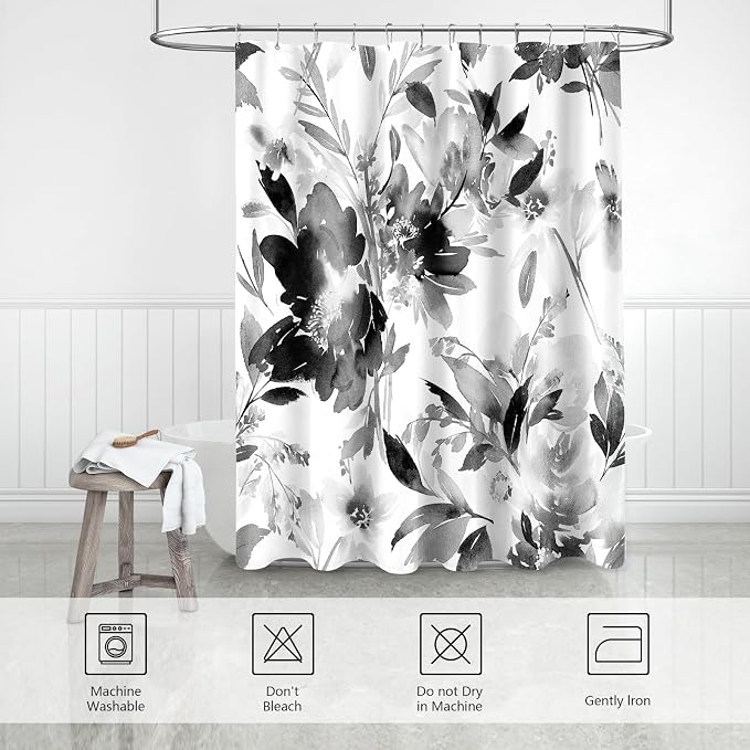 Black and White Watercolor Black Floral Shower Curtain for Bathroom, 72x72 | Modern Abstract Flower Decorative Fabric Shower Curtain Set with Hooks