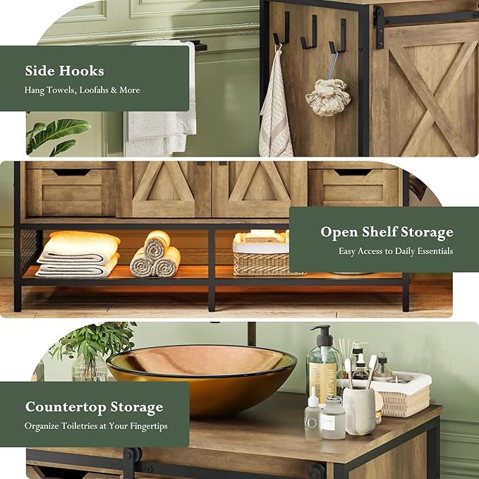 Concho 47'' Farmhouse Bathroom Vanity with Double Vessel Sink, Bathroom Sink Storage Cabinet with LED Light & Sliding Barn Door, Adjustable Shelf, 3 Drawers, Side Hooks, Rustic Brown