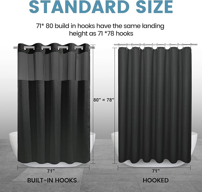 EUTXL Heavyweight No Hook Shower Curtain with Liner, Black,71x80 | Snap in Liner, 256GSM Thick Waffle Fabric, Hotel Luxury Spa, Corner Magnets, Quick Dry, Waterproof & Washable, Long Size