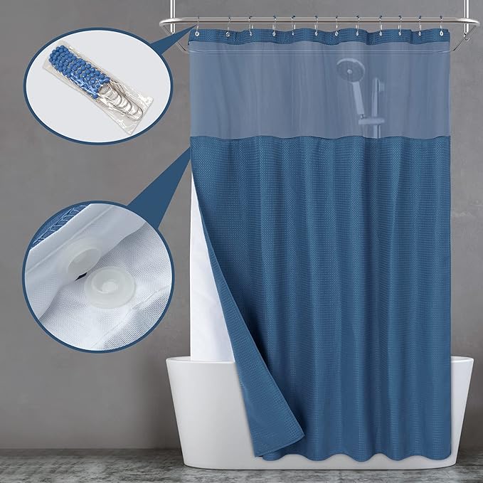 N&Y HOME Waffle Weave Shower Curtain with Snap Liner 71x72 Moonlight Blue | 12 Metal Hooks Included, Snap on Fabric Liner, Mesh Window, Washable, Hotel Style Shower Curtain Set for Bathroom
