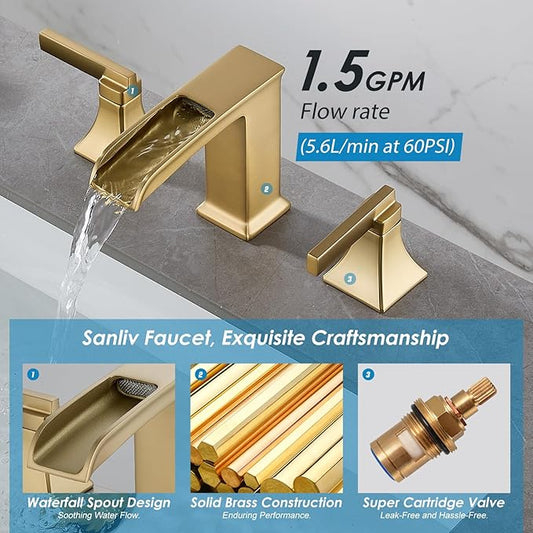 Brushed Gold Bathroom Sink Faucet, 8-Inch Widespread Bathroom Faucets for 3-Hole Sinks, 2-Handle Brass Waterfall Vanity Faucet with Drain Assembly, Champagne Bronze