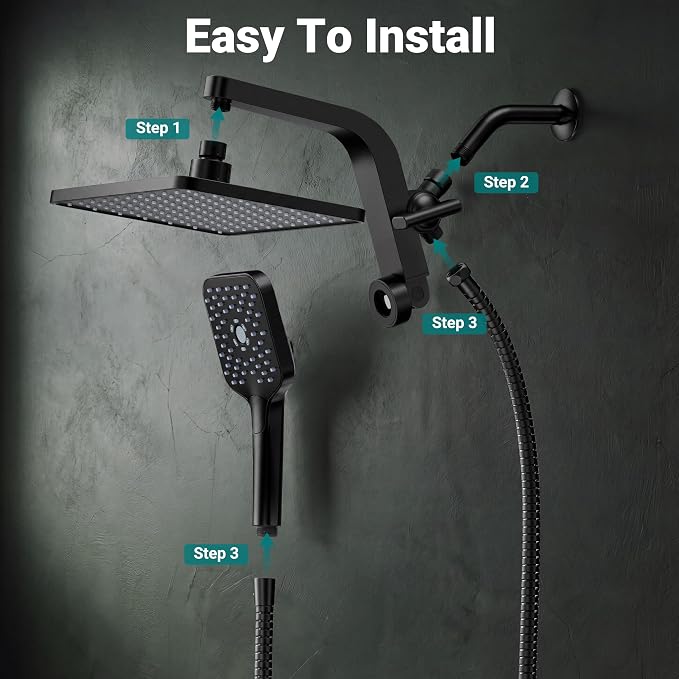 12" XXL Rainfall Shower Head with Handheld Combo Set, Matte Black | High Pressure, Magnetic Docking, Air-Infusion Tech, Anti-Leak One-Piece Design, Dual Square Showerhead