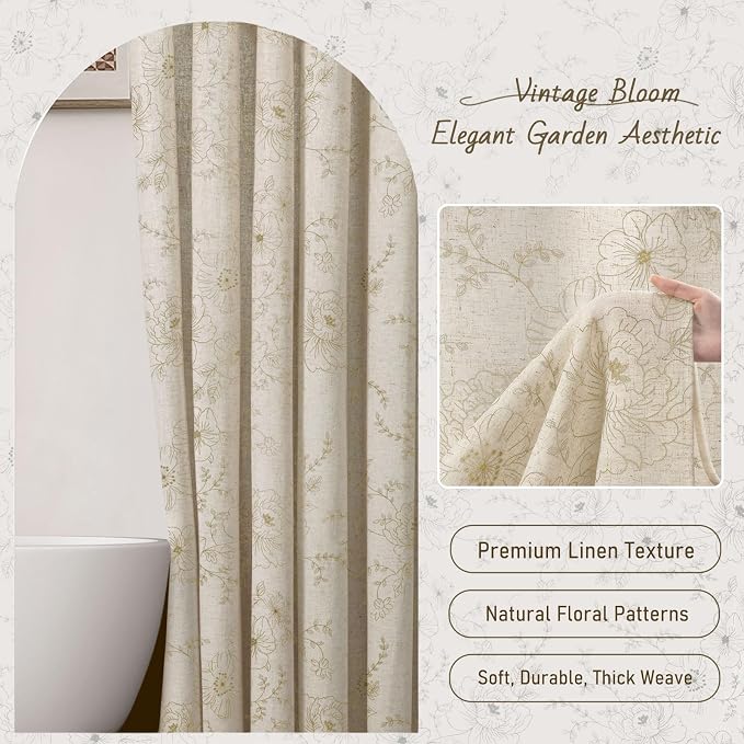 Farmhouse Floral Linen Shower Curtain, Vintage Beige Embroidered Pattern Rustic Shower Curtains for Bathroom, Tan Taupe,72x72