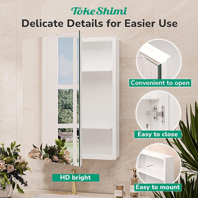 TokeShimi 14 x 18 White Medicine Cabinet, Aluminum Mirror Medicine Cabinet Wall Mounted or Recessed with Stepless Adjustable Amply Storage