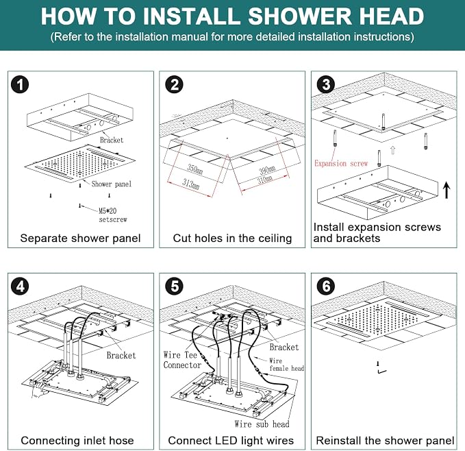 HOMEDEC LED Multi Functions Full Body Shower System with 6pcs Body Jets Spray with(Up/Down )Shower Spout, Large 3 In 1 Modes 14x20inch Showerhead, Rainfall Mist Shower Faucet Set Complete, Chrome