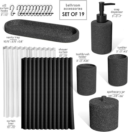Clara Clark Bathroom Set - Coal Black Bathroom Accessories Set, 19PC Bathroom Accessory Set, Bathroom Sets with Shower Curtain Set, Soap Dispenser & Toothbrush Holder