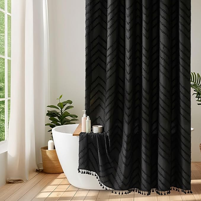 Siiluminisoy 78 inch Shower Curtain Long Shower Curtain Black Tufted Chevron Striped Tall Fabric Boho Shower Curtains for Bathroom Modern Shabby Chic Waterproof Cloth Shower Curtains