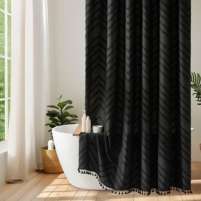 Siiluminisoy Stall Boho RV Shower Curtain Black Tassel Woven Fabric Short Shower Curtain 48 x 64 Modern Farmhouse Textured Tufted Chevron Striped Minimalist Bathroom Shower Curtain
