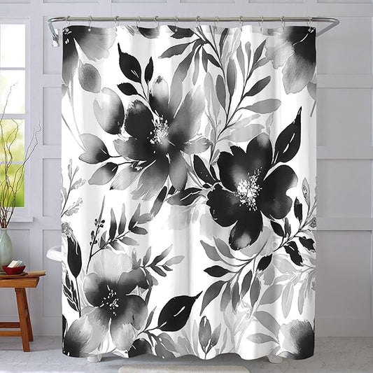 Floral Shower Curtain, Black Watercolor Flower Shower Curtains for Bathroom, Modern Minimalist Waterproof Fabric Bath Decoration 72x72 Inch