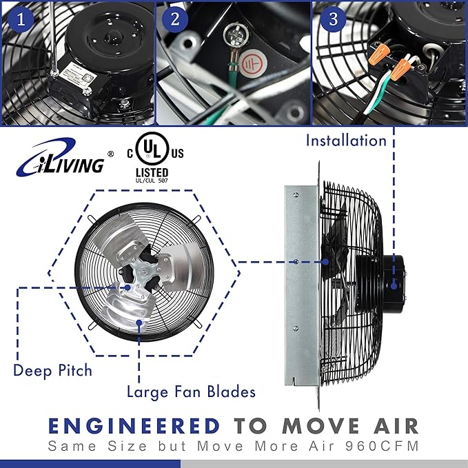 iLiving 16" & 12" Wall Mounted Shutter Exhaust Fans, Automatic Shutter
