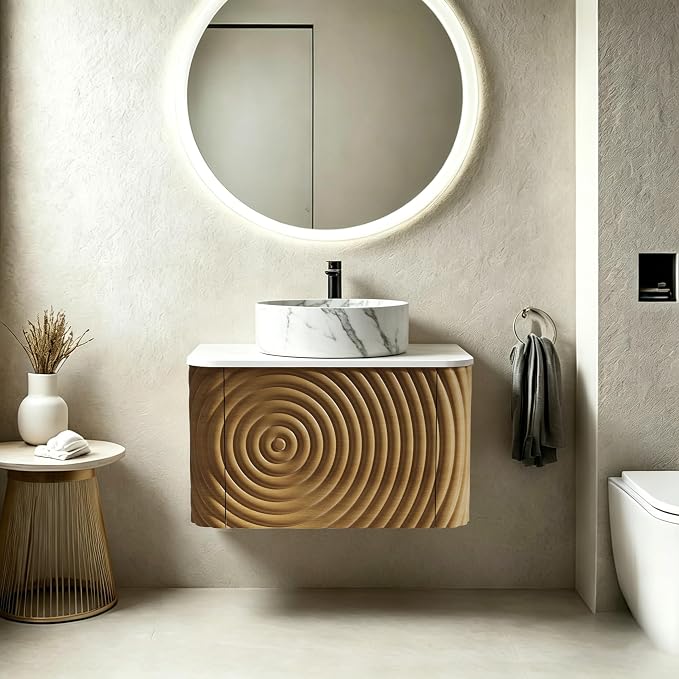24" Floating Bathroom Vanity with Sink, Mid-Century Wall Mounted Bathroom Vanity Cabinet with Waved Decor, Marble Ceramic Basin, Sintered Stone Top, Soft Close Storage Drawer, Natural