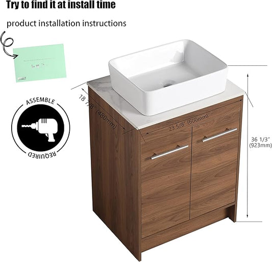 24" Bathroom Vanity, 24 Inch Freestanding Vanity with Ceramic Vessel Sink, Modern Single Sink Bathroom Vanity Combo, Brown Floor Stand Storage Cabinet Set(BRE110, 24 * 18)