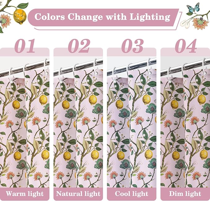 Pink Floral Bird Shower Curtain 72x72, Hummingbird and Lemon Botanical Fabric Bath Curtains, Lightweight Quick-Dry Bathroom Decor Set with Hooks