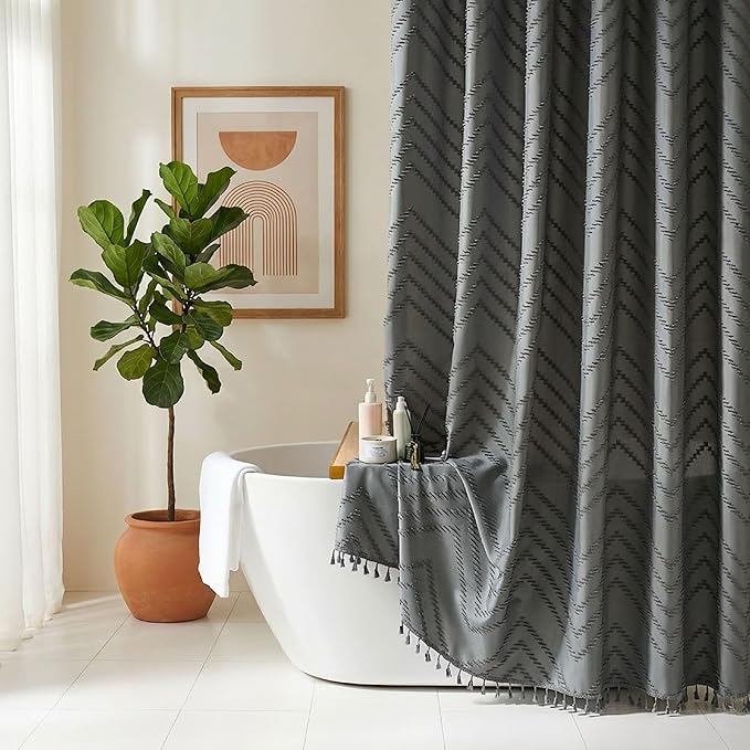 Siiluminisoy Extra Long Shower Curtains 72 x 78 Inches Tufted Chevron Light Gray Shower Curtains Fabric for Bathroom Modern Shabby Chic Waterproof Cloth Shower Curtain