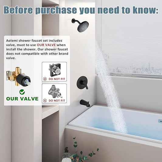 Aolemi Tub Shower Faucet Set With Valve Wall Mount Shower Trim Kit 6 Inch Bathtub Fixtures Rough-in Valve Single-Spray Shower Head System 5.3 Inch Tub Spout Matte Black Modern