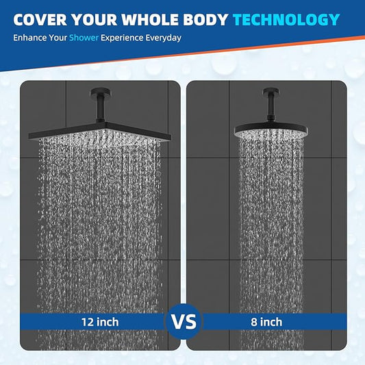 Hibbent cUPC Certified High Pressure 12'' Rain Shower Head, Matte Black | Thickness Metal Showerhead, Square Large Bathroom Rainfall Shower Head, Adjustable Brass Ball, Waterfall Full Body Coverage