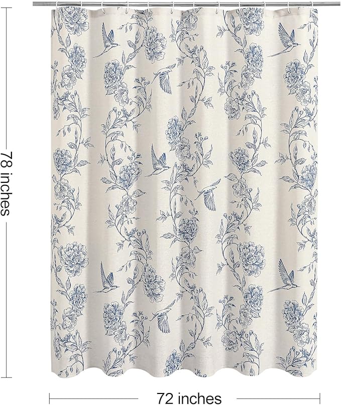 MitoVilla Long Shower Curtain Set 72 x 78, Cotton Floral Hummingbird Cottagecore Spring Shower Curtains for Bathroom, Modern Country Bathroom Décor