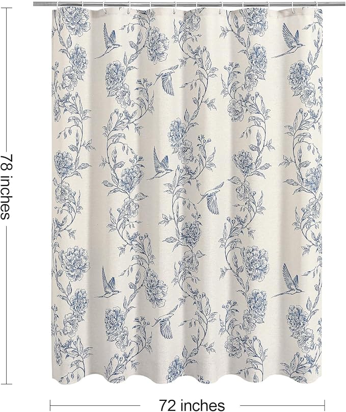 MitoVilla Long Blue Cotton Shower Curtain for Bathroom,72 x 78 | Long BoHo Cottagecore Hummingbird Spring Shower Curtains, Modern Farmhouse Country Floral Bathroom Décor, 72 x 78