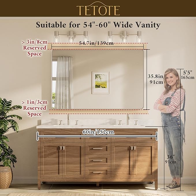 55 x 36 Inch Bathroom Mirror, Brushed Brass Gold Vanity Mirror, Modern Rectangle Metal Frame Decorative Wall Mirror for Entryway Shatterproof (Horizontal/Vertical)