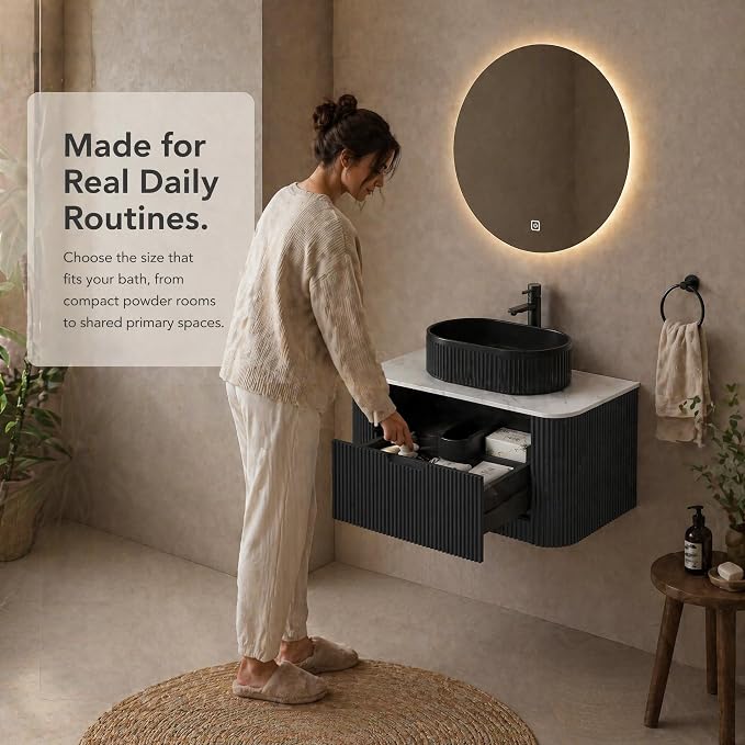 30 Inch Bathroom Vanity with Sink, Floating Wall Mounted Single Sink Vanity, Black Curved Fluted Front, Stone Top, Black Textured Oval Vessel Basin, Pre-Assembled
