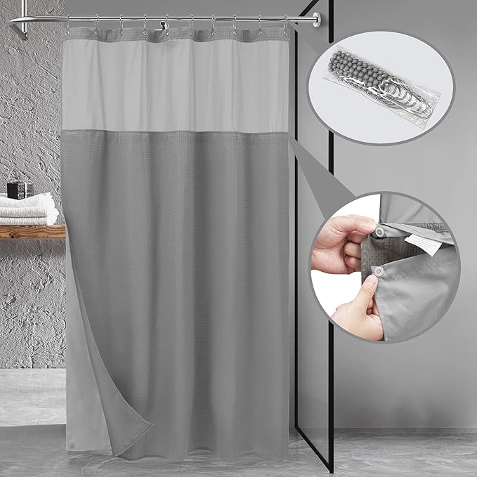N&Y HOME 54 x 78 Waffle Weave Shower Curtain with Snap-in Liner Set Gray | 12 Metal Hooks Included, Snap on/off Fabric Liner, Hotel Style & Mesh Top Window, Machine Washable, 54x78 Shower Stall Size