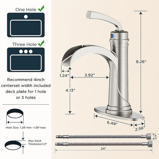 FORIOUS Brushed Nickle Bathroom Faucet Single Handle One Hole Antique Waterfall Bathroom Faucet with Metal Pop Up Drain and Deck Plate for Lavatory Vanity Farmhouse RV