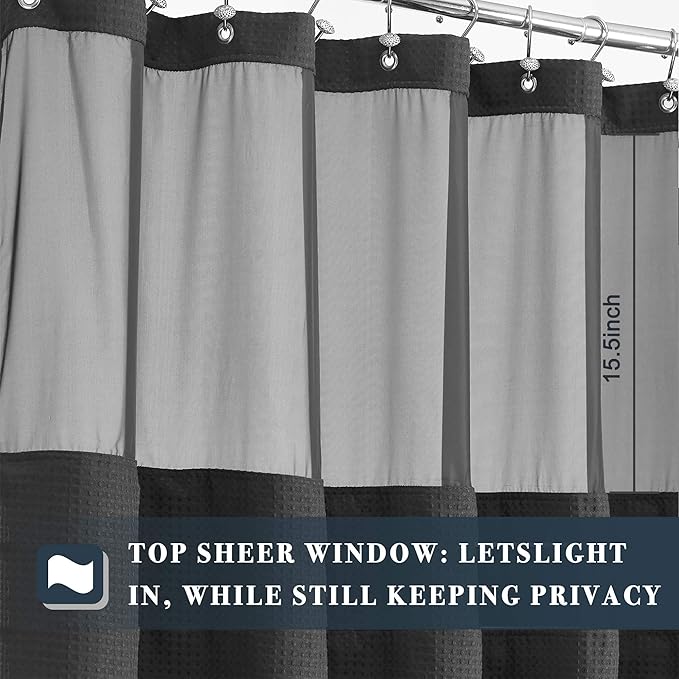 N&Y HOME Extra Long Waffle Shower Curtain with Snap Liner 71x84, Graphite | 12 Hooks & Snap on Fabric Liner, Washable, Mesh Window, Hotel Style, 84 inches Length Gray Shower Curtain Set for Bathroom