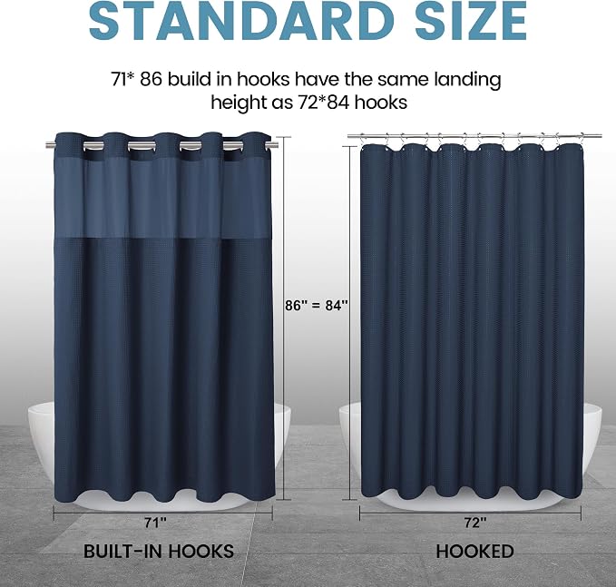 EUTXL Heavyweight No Hook Shower Curtain with Liner, Navy Blue,71x86 | Snap in Liner, 256GSM Thick Waffle Fabric, Hotel Luxury Spa, Corner Magnets, Quick Dry, Waterproof & Washable, Extra Long
