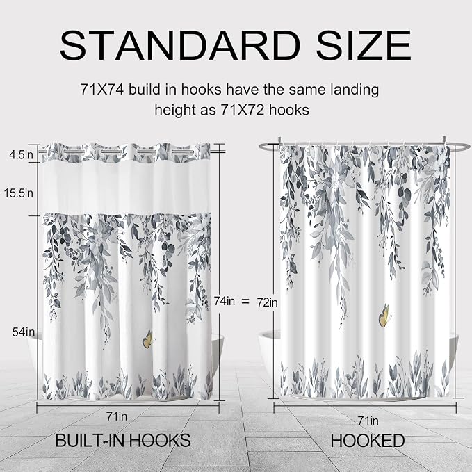 No Hook Shower Curtain and Liner Set, Blue Grey Eucalyptus 71x74 | Floral Design, with Snap in Liner, Waterproof, Machine Washable, Quick-Drying, for Hotel Bathroom