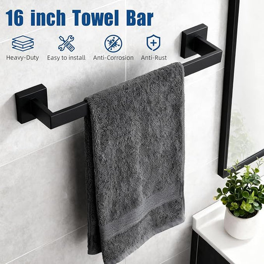 Matte Black Bathroom Hardware Accessories Set, Stainless Steel Towel Racks for Bathroom, 16 Inch Towel Bar, Towel Holders, Updated Toilet Paper Holder with Shelf Wall Mounted(15-Pieces)