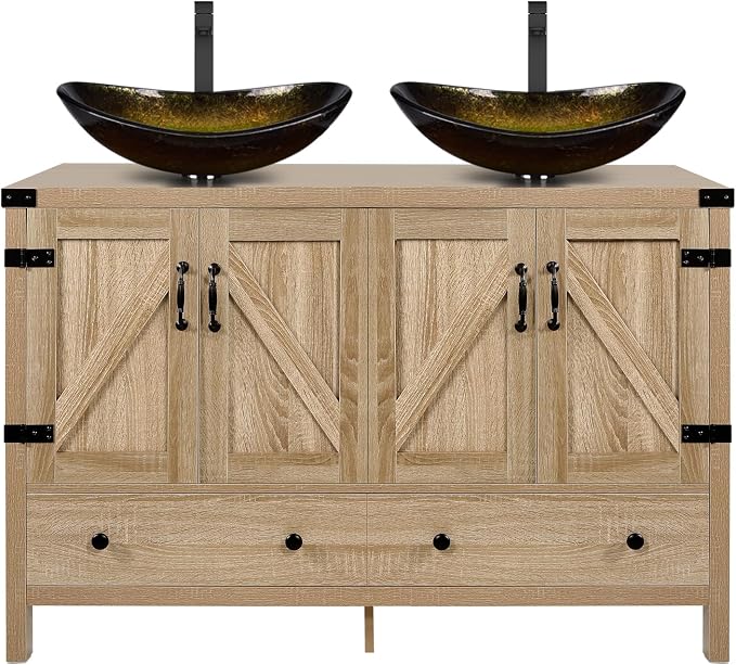48 inch Natural Color Bathroom Vanity, Rustic Fixture Standing Pedestal Cabinet with Two Gold Boat Vessel Sinks